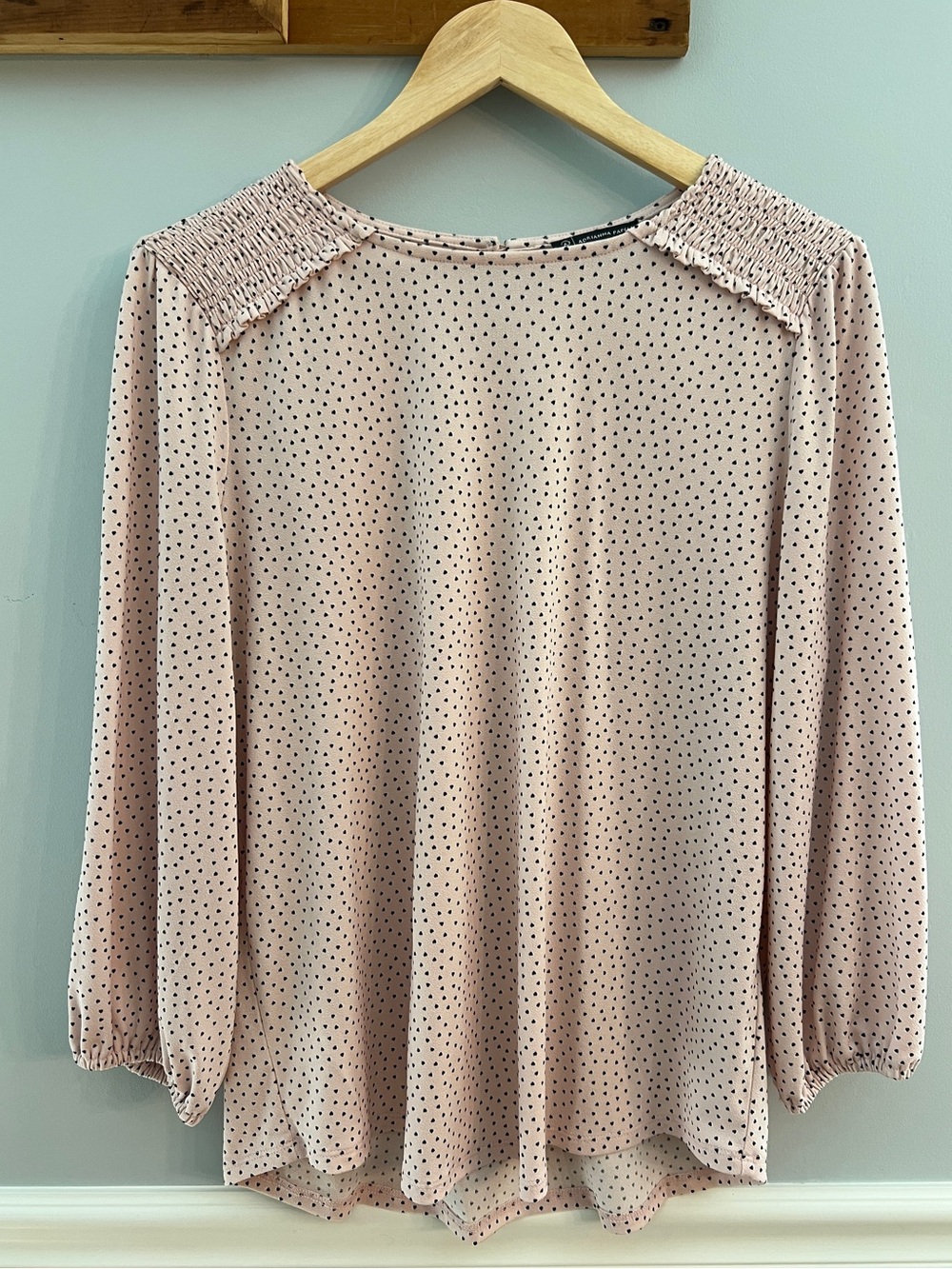 Adrianna Papell Pink Black Dot Smocked Shoulder Long Sleeve Blouse